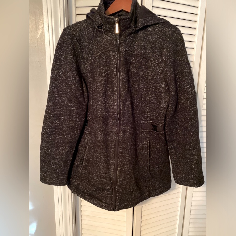 Liz Claiborne Ladies black dress Jacket, pea coat with zipper and hood, size L